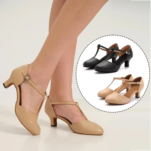 Zapatos de baile latino con correa en T para mujer, tacones de baile con suela de ante antideslizante para adultos, baile Social Latino Tango