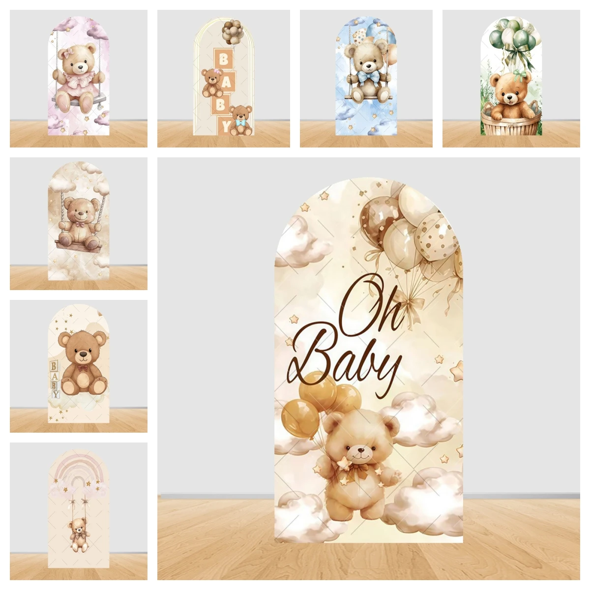 

Bear Arched Elastic Background Set Baby Bath Boy Birthday Party Decoration Background Brown Blue Birthday Photography Props