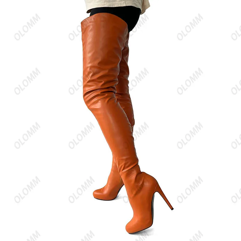 Olomm Handmade Women W inter Thigh Boots Faux Leather Side Zipper Thin High Heels Round Toe Brown Party Shoes Plus US Size 5-20