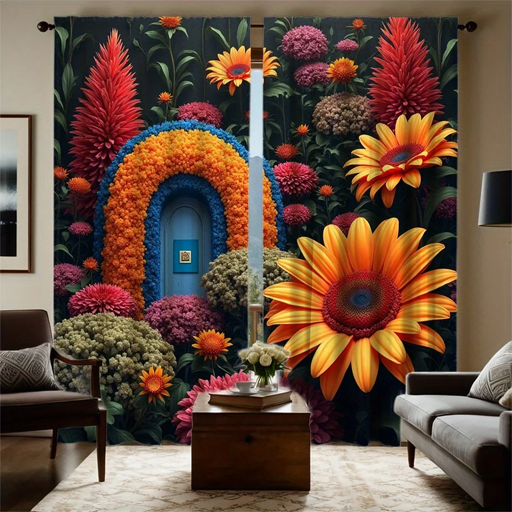 2pcs Vibrant Floral Print Curtains - Blue Door Archway Design with Colorful Flowers, Rod Pocket Style, Semi-Transparent Polyeste