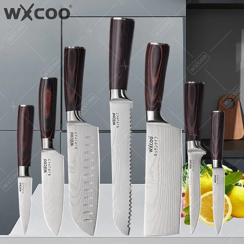 WXCOO Professional Kitchen Boning Knife Filleting Knife Laser Damascus Stainless Steel Cutting Bread Fruit Cooking Chefs Knife