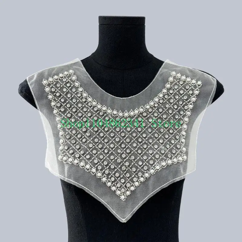 5ASD أنيقة أورجانزا من طوق الدانتيل خط العنق مع أحجار الراين لؤلؤة الخرز خياطة على بقع لثوب الزفاف فستان DIY