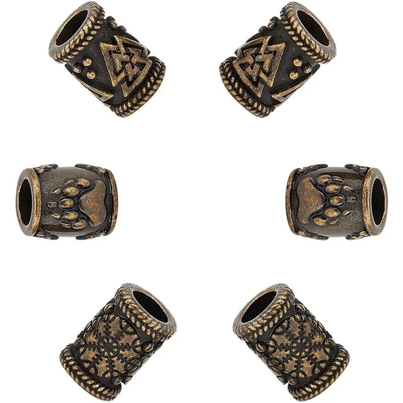 6Pcs 3 Styles Paracord Bead Stainless Steel European Beads Large Hole Spacer  Column  with Bear Paw Print Helm