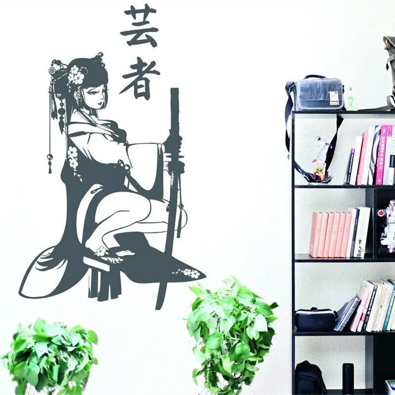 Japanese Traditional Female Geisha Wall Sticker Samurai Sword Anime Spa Club Japanese Restaurant Decoration Vinyl Decal Gift R5