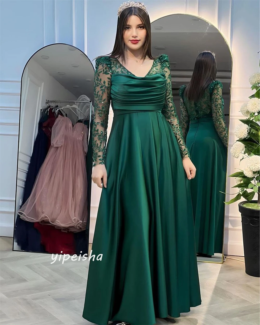 Customized  Modern Style Formal Evening V-Neck Floor-Length A-line Draped Satin Bespoke Occasion Dresses