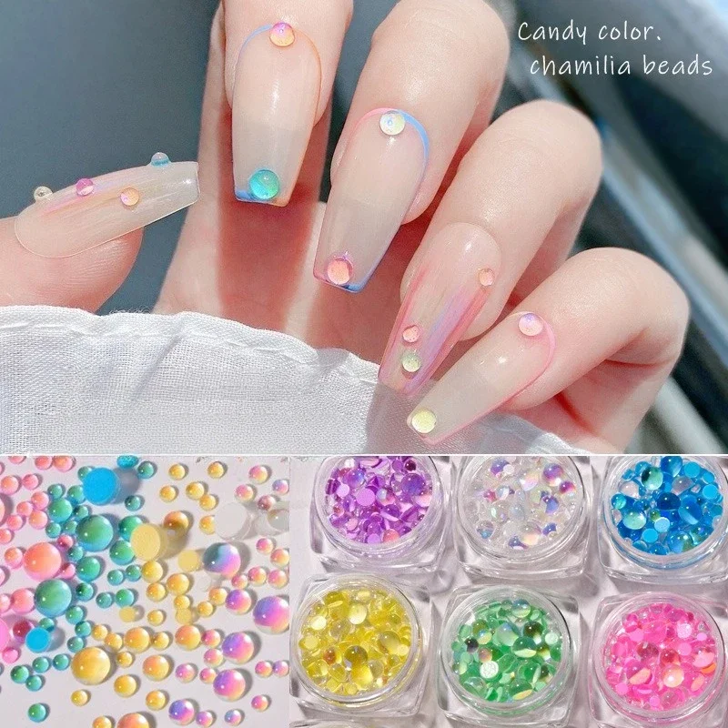 1Pcs Mermaid Bead Nail Charms Iridescent Aurora Drill Candy Color Crystal Half‑Round Beads Macaron Mixed DIY Nail Decorations