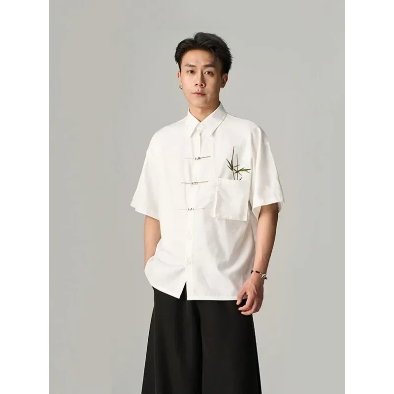 

2023 Summer Chinese Style Lapel Bamboo Embroidered Metal Button Short Sleeved Tang Suit Top with Pocket Fashion Loose Men Shirt