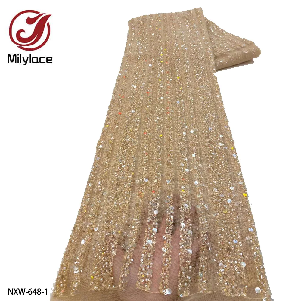 

African Tulle Lace Fabric High Quality Lace Material French Nigerian Sequins Beads Lace Fabric for Wedding Sewing NXW-648