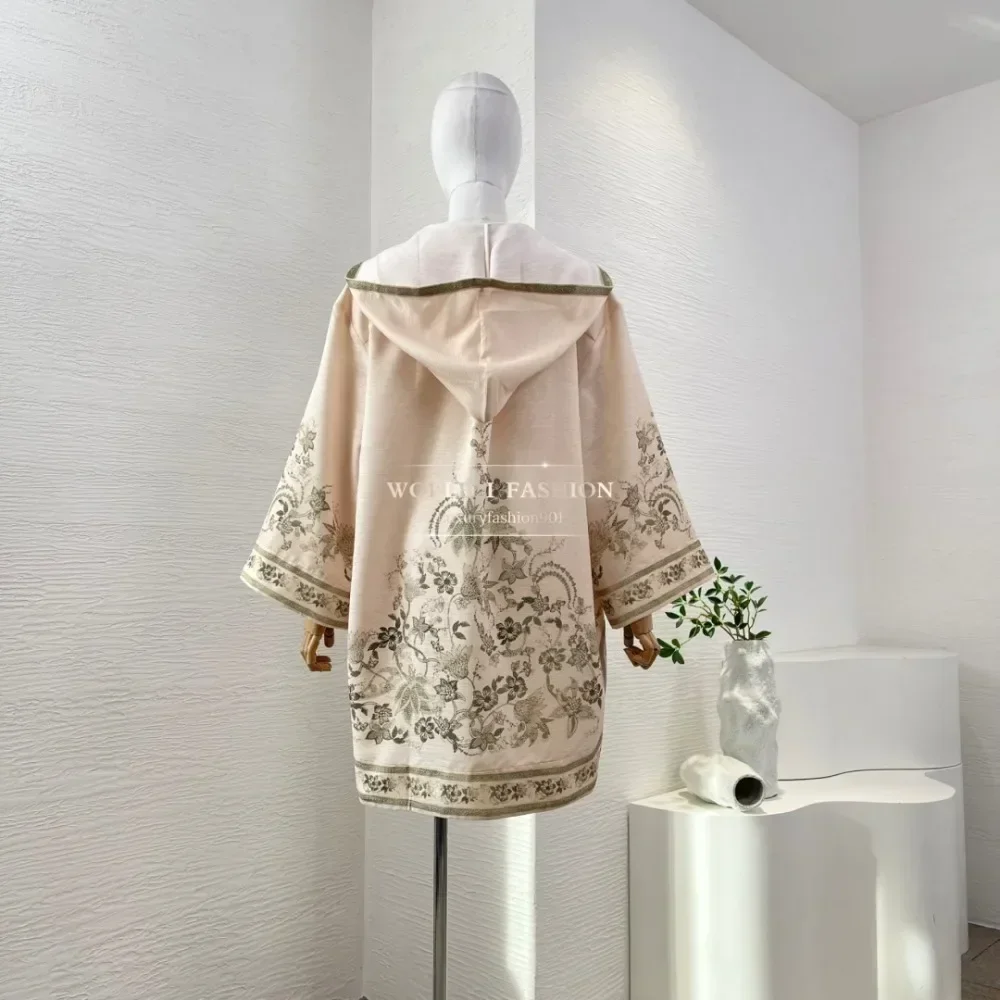 

Beige Long Sleeve Hooded Peacock Floral Print Bell Bottoms Tops and Pants Set 2025 Linen Silk