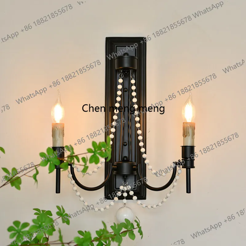 American vintage living room wooden bead wall lamp French bedroom bedside background wall lamp aisle hallway light