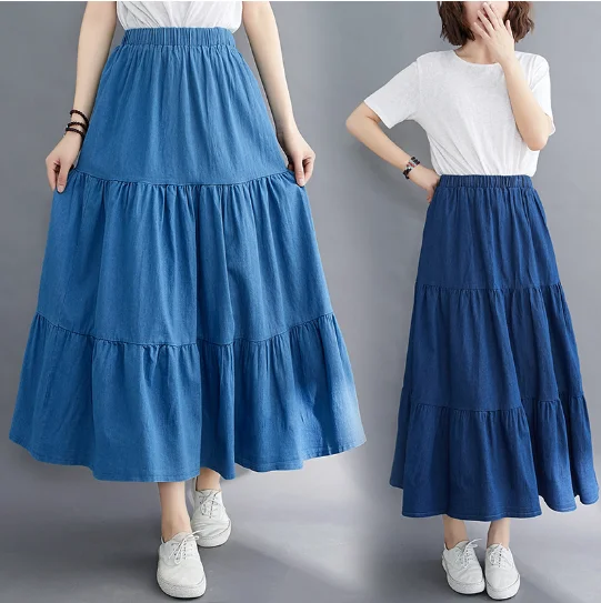 Blue Wash Cotton Denim Skirt Women 2021 Casual Loose Denim A-Line Skirt Long Jean Skirt Wild Pleated Skirt Swing Long Jean Skirt