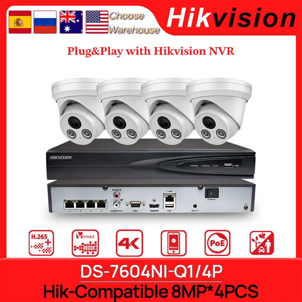 

Hikvision Compatible 8MP IR Fixed IP Camera 4CH 4POE 4K NVR DS-7604NI-Q1/4P Security Surveillance 4PCS kits Support Hik-connect