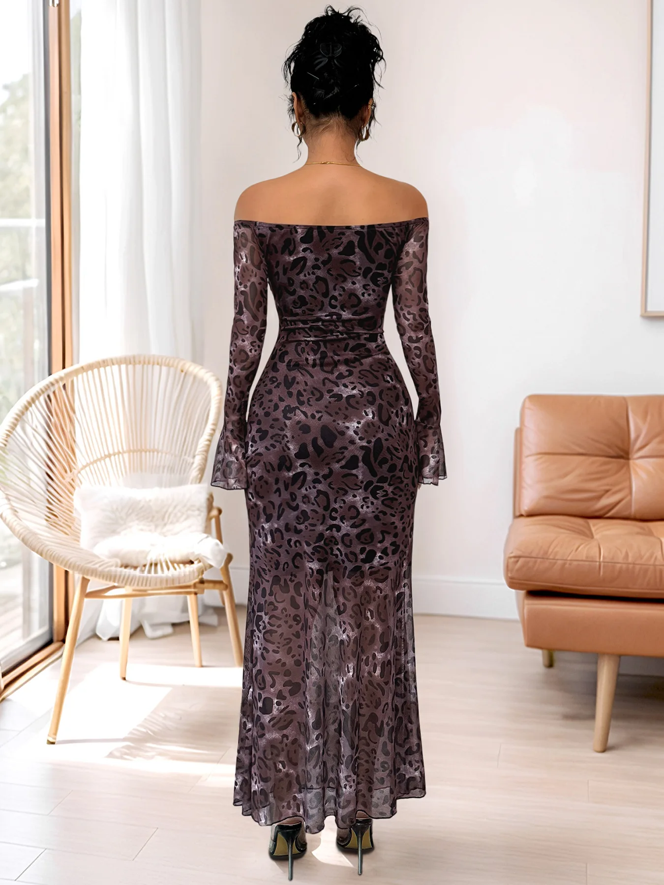 

2025 New Party Elegant Retro Style One Neck Off Shoulder Long Sleeved Mesh Leopard Print Dress for Women with A High-End Feel