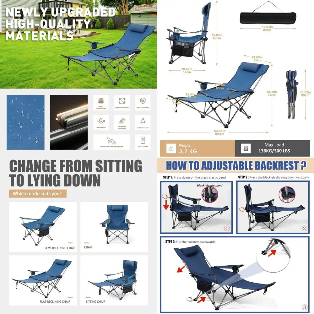 

Blue Adjustable Reclining Camping Chair with Removable Footrest and Cup Holder