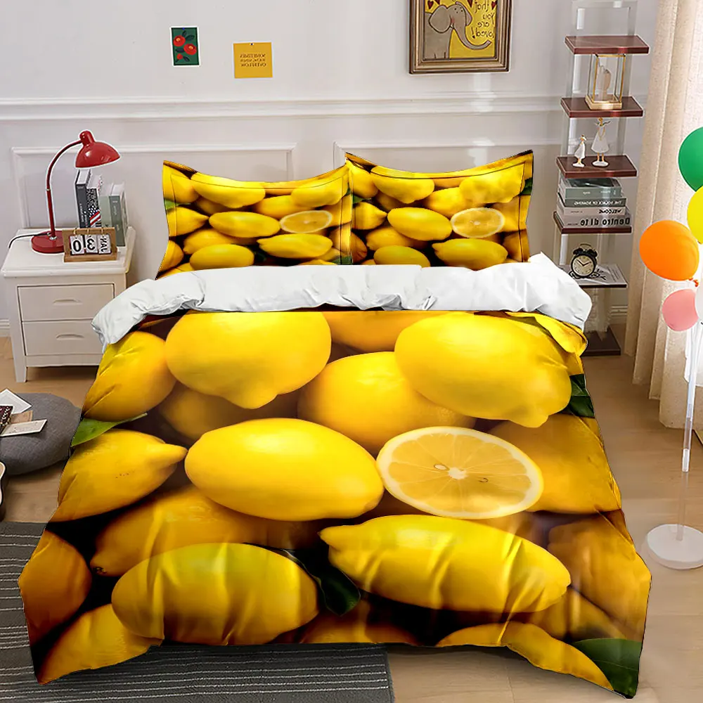 Bright and Juicy Lemons Cluster Print Bedding Set 1 Duvet Cover 2 Pillowcases for Adult and Children Luxury Gift Full Size