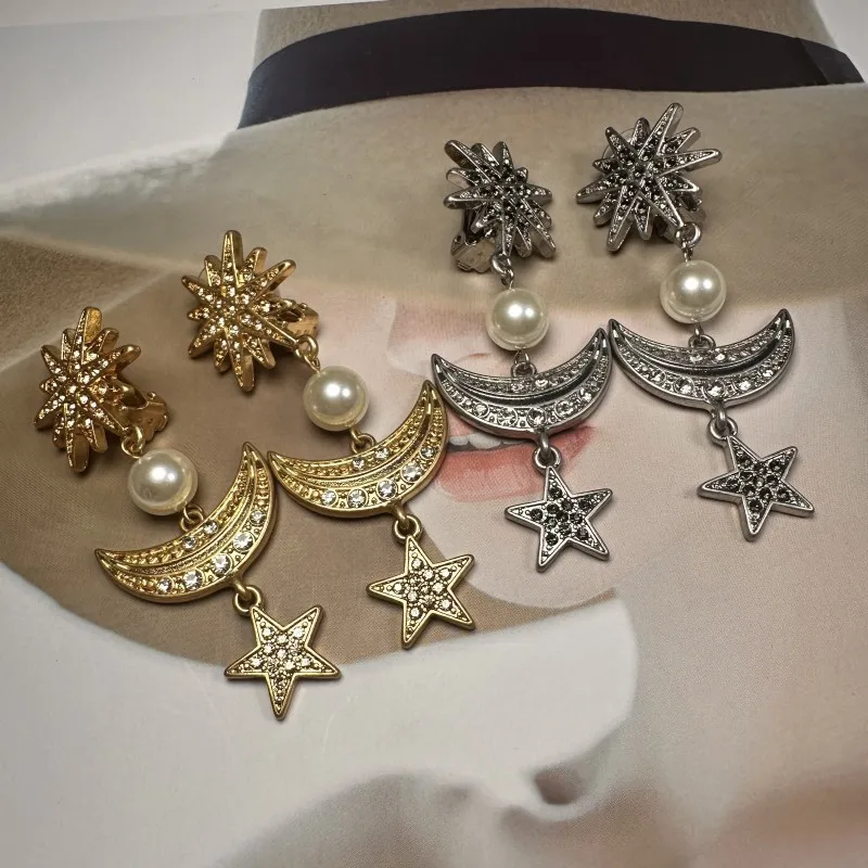 

Vintage OS Fashion Elegant Star Moon Sunburst Earrings for Women, Crystal Rhinestone Stud Earrings, Dainty Party Jewelry Gifts