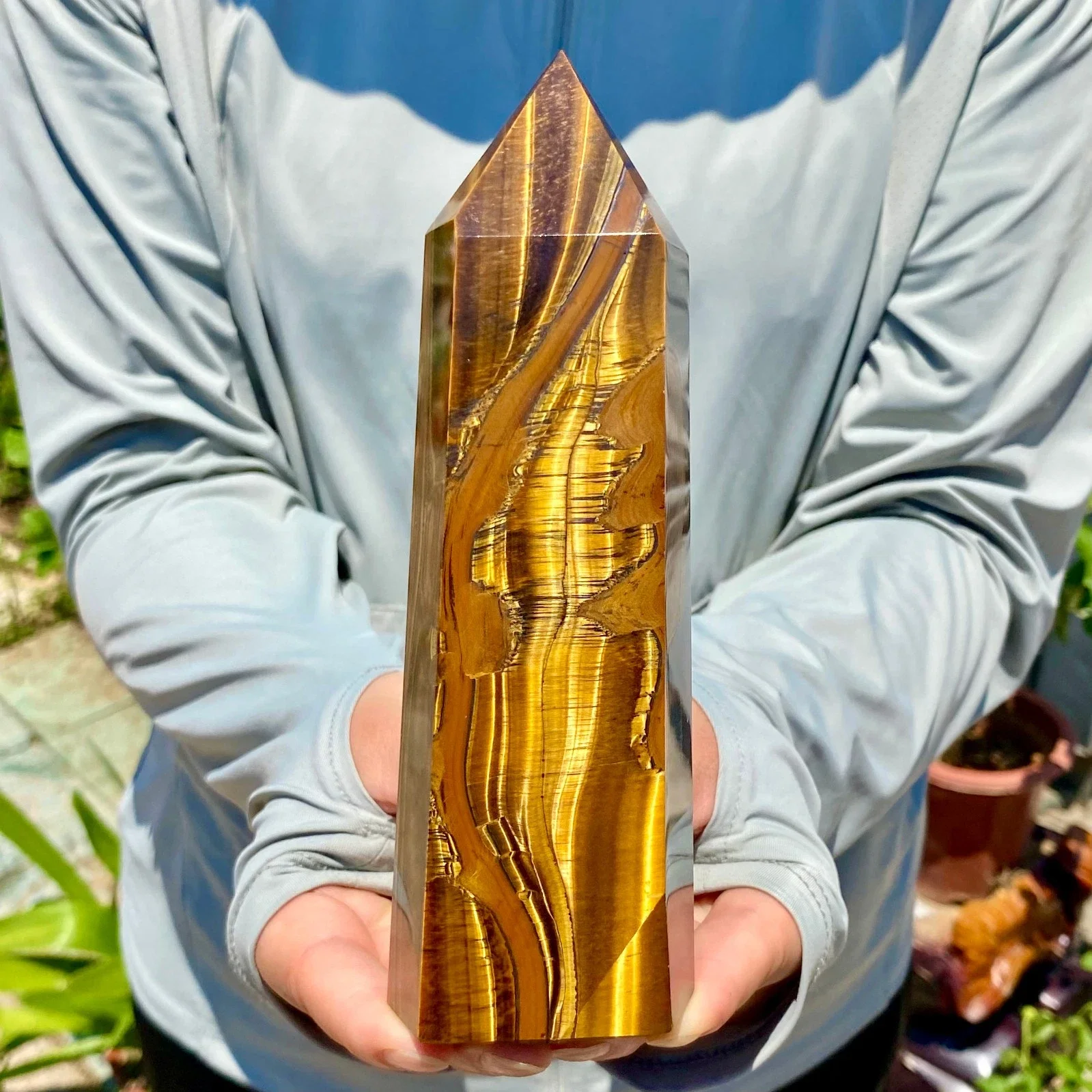 

Natural Formed! Yellow Tiger's Eye Obelisk, Quartz Crystal Tiger's Eye Rock Column, Mineral Point Wand Healing