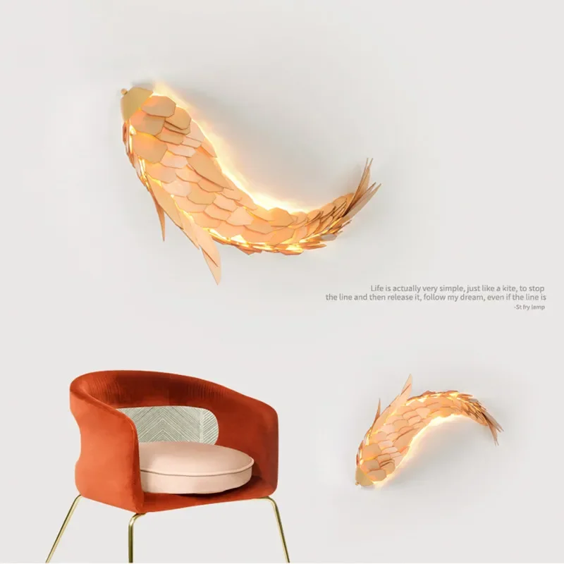 

Handmade led wall lamp Chinese style wooden fish shaped luminous 12W living room bedside staircase Christmas decoration