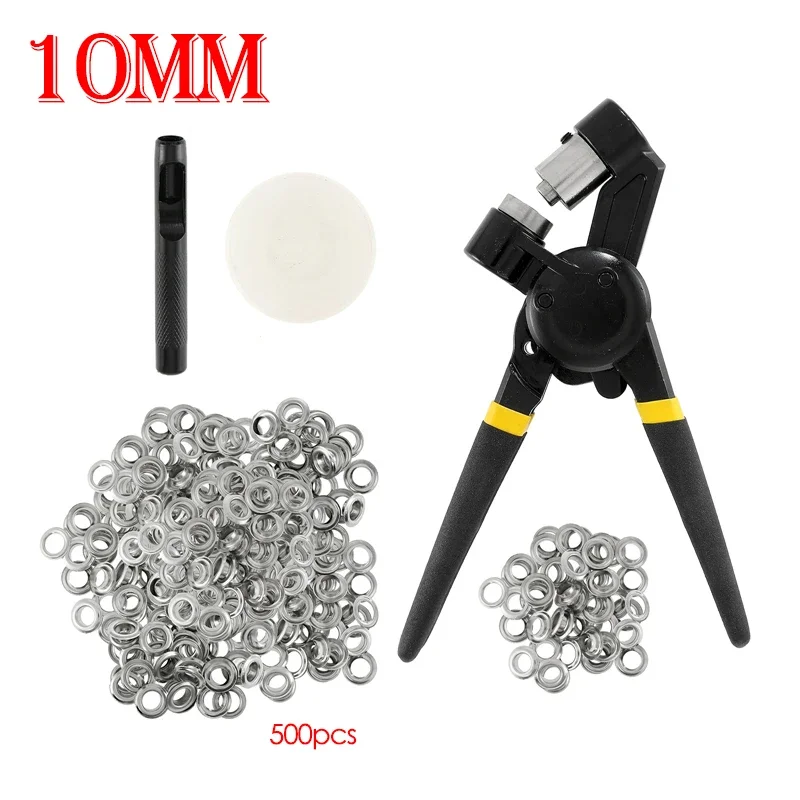 10mm Grommet Press Pliers Grommet Tool Kit Handheld Eyelet Machine with 500pcs Silver Grommets Manual Hold Punch Kits