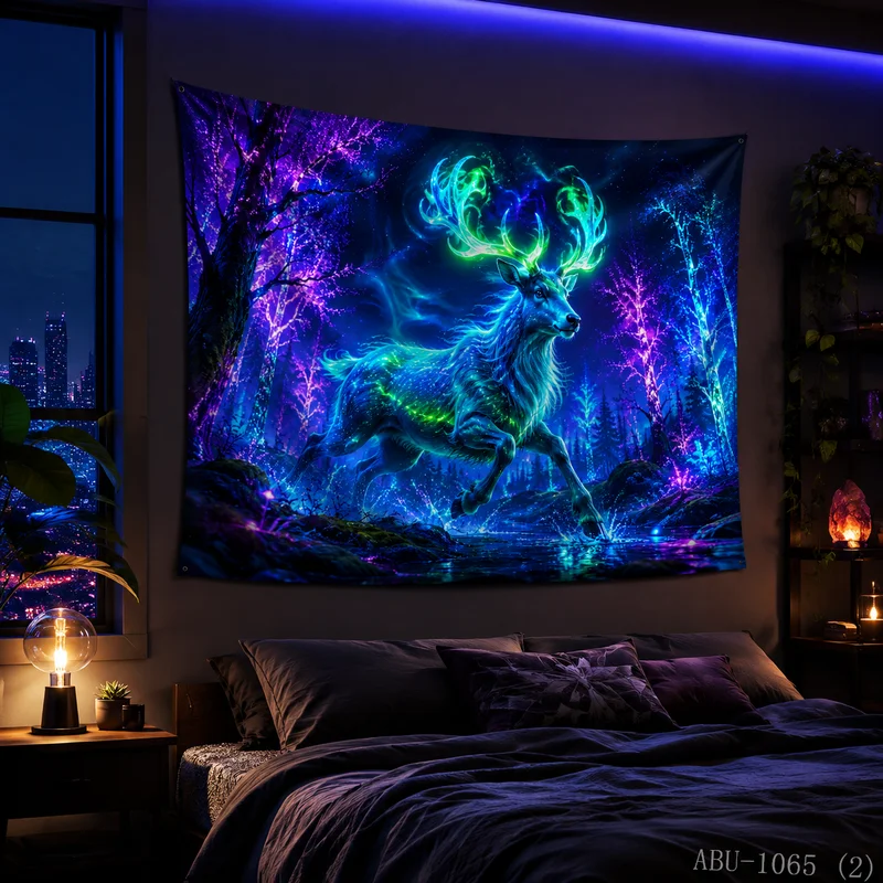 VIKAMA Blue Green Neon Secret Realm Stream Elk Christmas Tapestry HD Background Cloth Festival Atmosphere Room Decoration