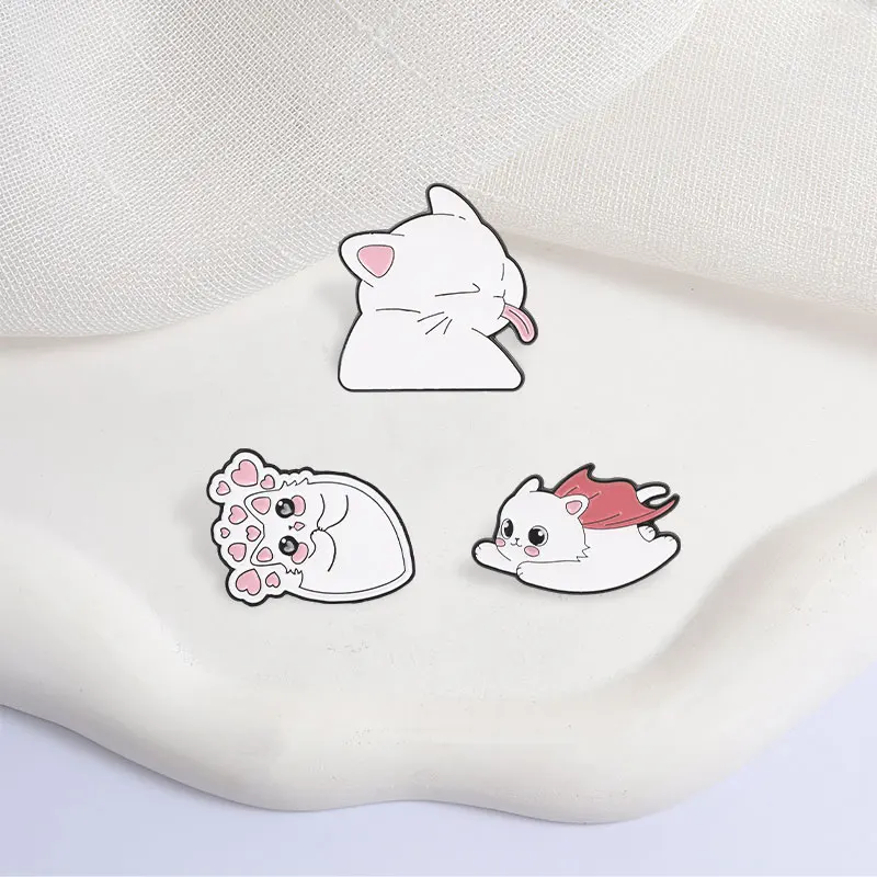 Cute Cartoon White Cat Enamel Pins Flying Apsaras Animals Brooches Fashion Lapel Badge Backpack Clothes Jewelry Gift for Friends