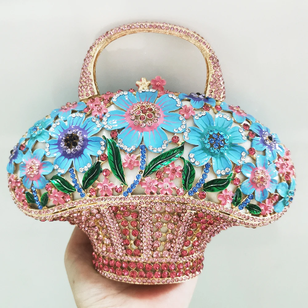 

Pink Rhinestone Flower Evening Bag Luxury Hollow Out Women Diamond Basket Foral Clutches Fashion Lady Wedding Top-Handle Purse