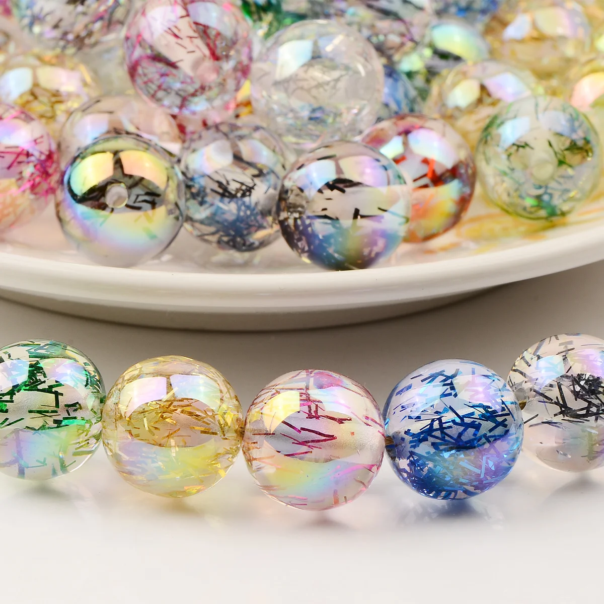 16/32pcs Random Color Confetti Strip Round Acrylic Beads 16mm Loose Spacer Beads For Bracelet Jewelry DIY Craft Making