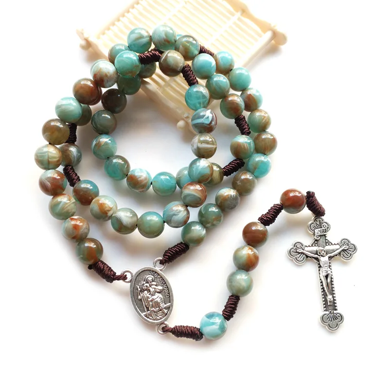 QIGO Catholic Jewelry Blue Acrylic Strand Weave Rosary Necklace Cross Religious Gifts