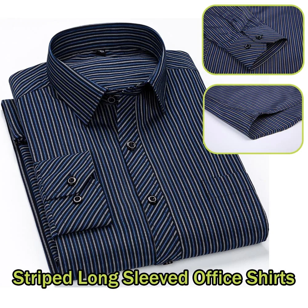 

Мужские модные офисные рубашки из полиэстера с длинными рукавами, деловые повседневные облегающие рубашки, мужское платье в полоску, рабочий костюм в социальном стиле