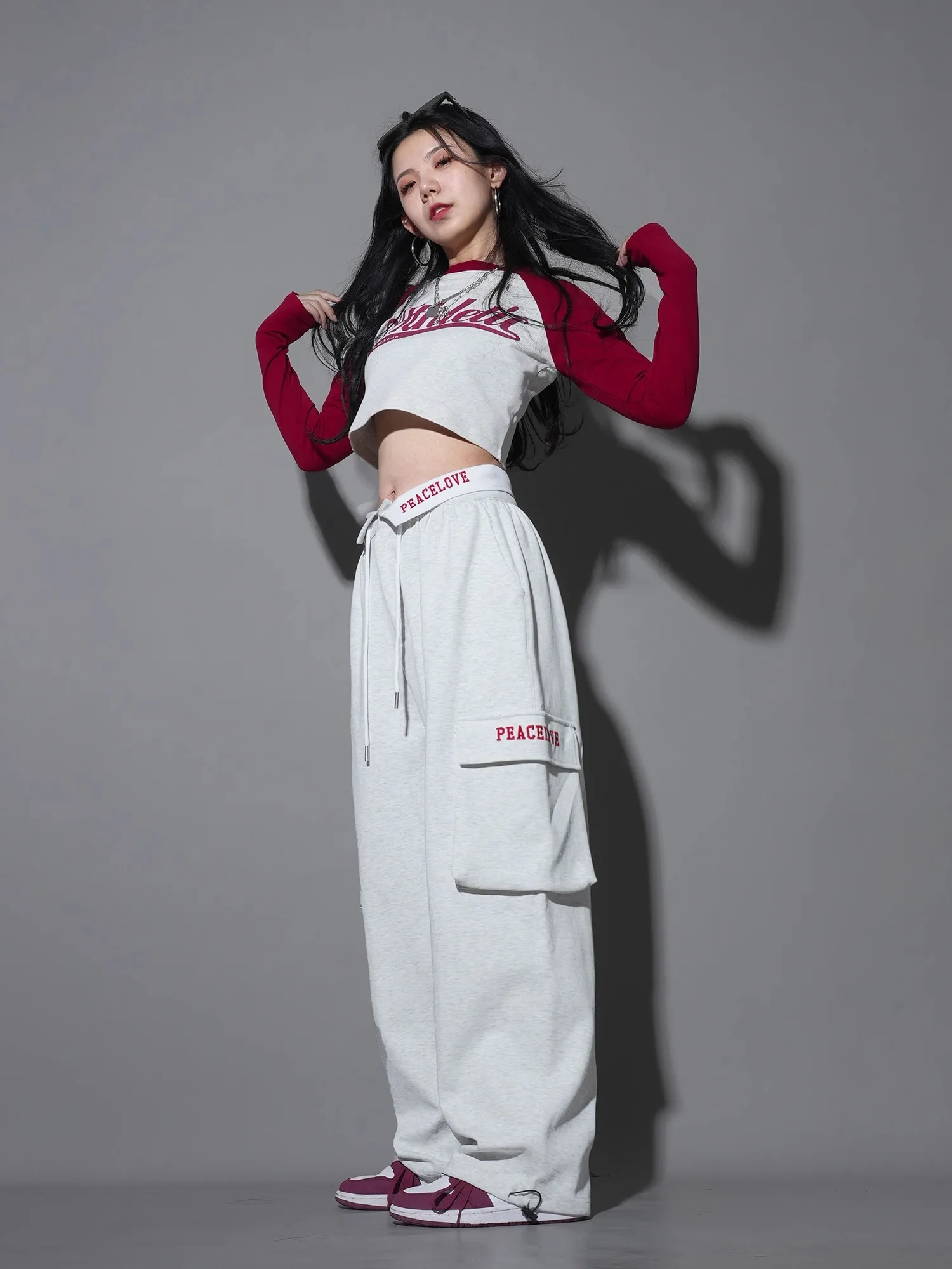 CBXLAB Street Dance Women's  White and grey hip-hop jazz street dance trousers with turned-up waist design sweatpants