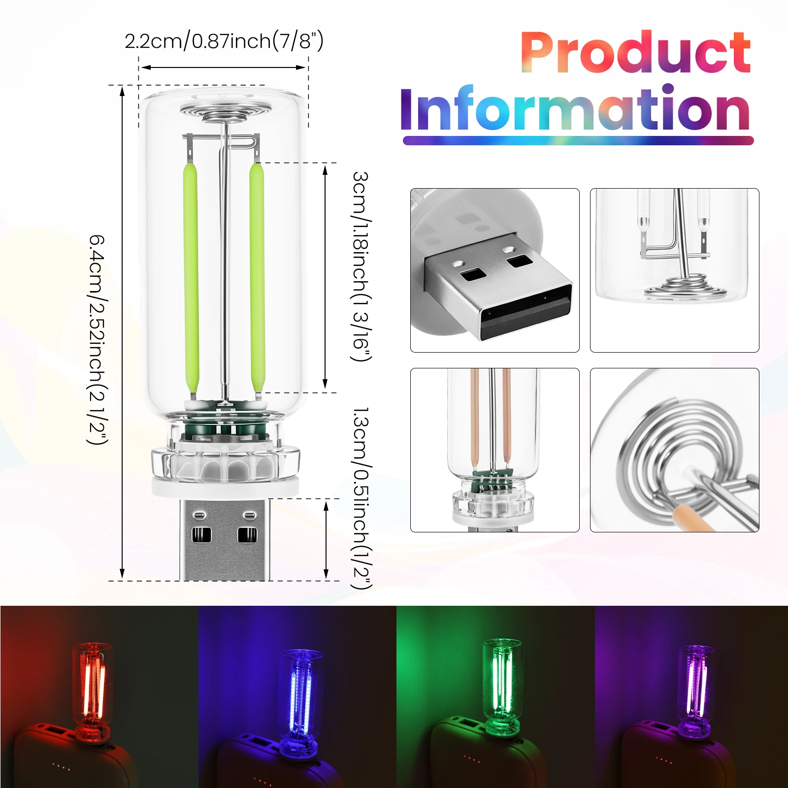 USB Touch Dimming LED Filament Glass Bulb 5V Retro Edison Bulb Night Light Car Decoration Incandescent Eye Protection Lighting