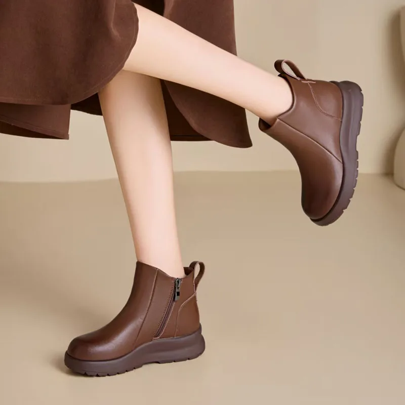 DRKANOL 2026 Thick Sole Platform Snow Ankle Boots For Women Wedges Heel Genuine Leather Short Boots Ladies Plush Fur Warm Shoes
