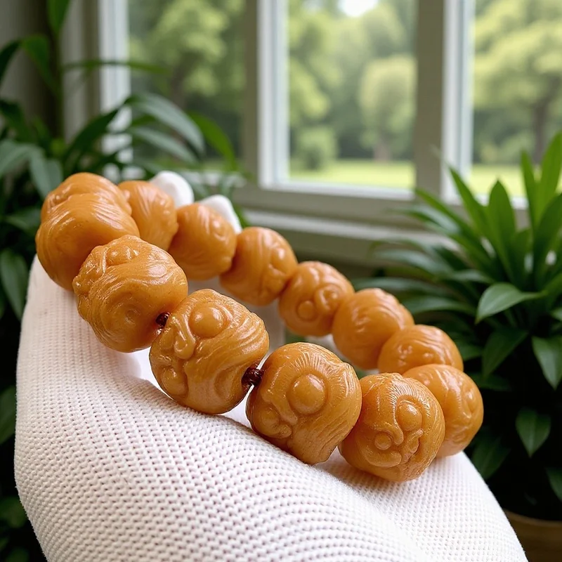 Weathered Bodhi Root Carved Lion Dance Bracelet