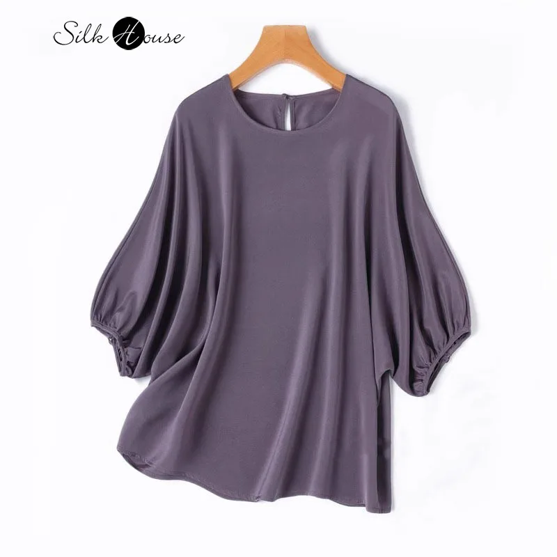 26MM Heavy Weight 93% Natural Mulberry Silk Elastic Wrinkled Round Neck Batwing Half Sleeve Women's Casual Solid Color T-shirt