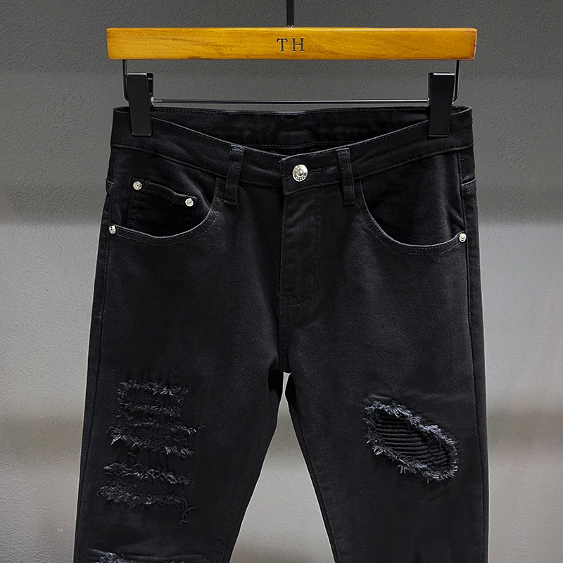 Y2k designer fashion new jeans scratch wash nostalgic stretch slim fit perforated patch white men's jeans retro pants hombre