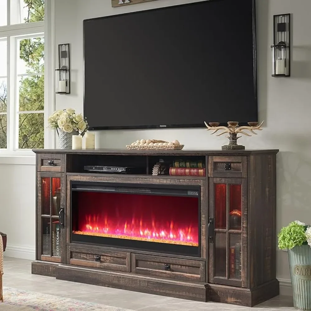 

Fireplace TV Stand for 80 Inch TV, Farmhouse Entertainment Center with 42" Fireplace & LED LightsDark Rustic Oak