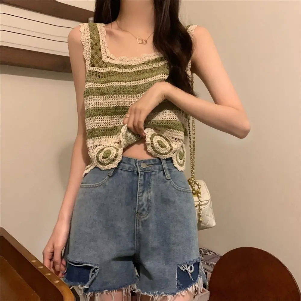 Moda retro colheita topo de malha crochê sem mangas colete bordado padrão elegante regata feminina