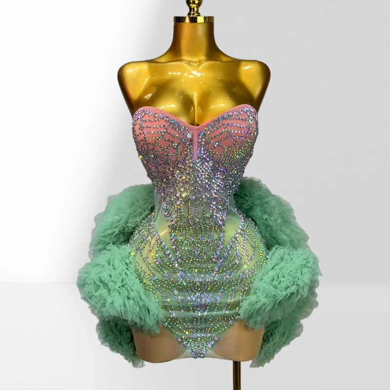 

Graduated Green Diamonds Mesh Sexy Through Puffy Mini Party Dress Woman Birthday Party Evening Dress Stage Performance Costume