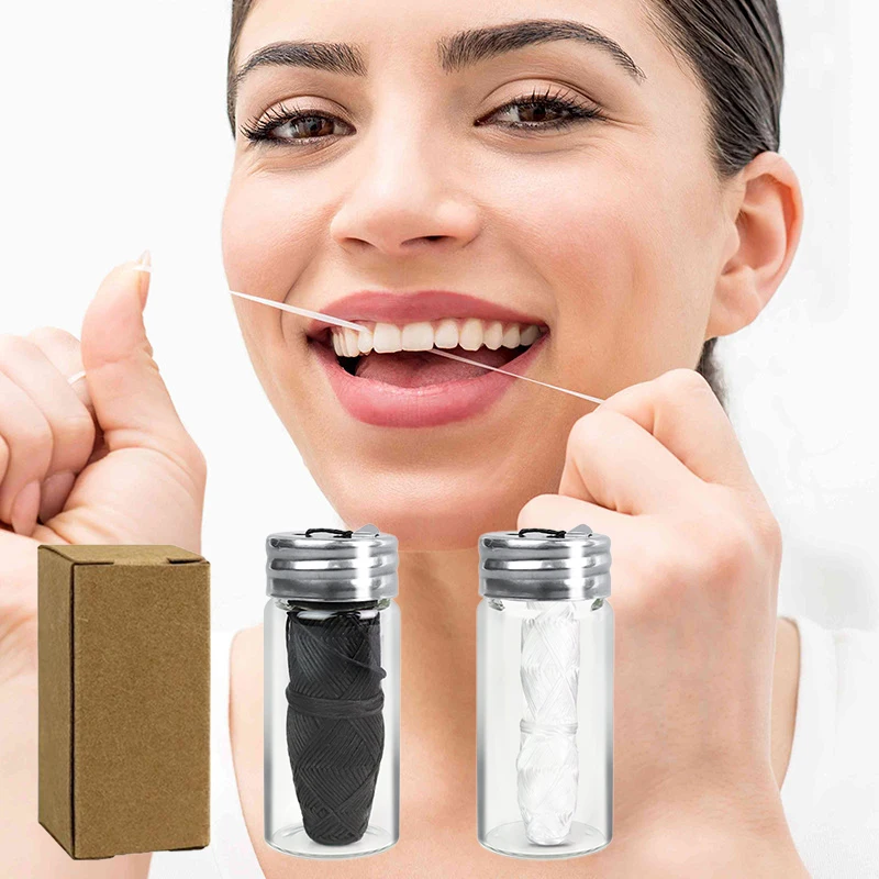 30m Vegan Biodegradable Bamboo Charcoal Dental Floss With Refillable Glass Holder Mint Flavored Tiny Floss (Black,White)