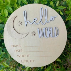 5.9inch Moon & Stars Hello World Birth Announcement Sign for Newborn Birth Stats Wooden Birth Announcement Plaque