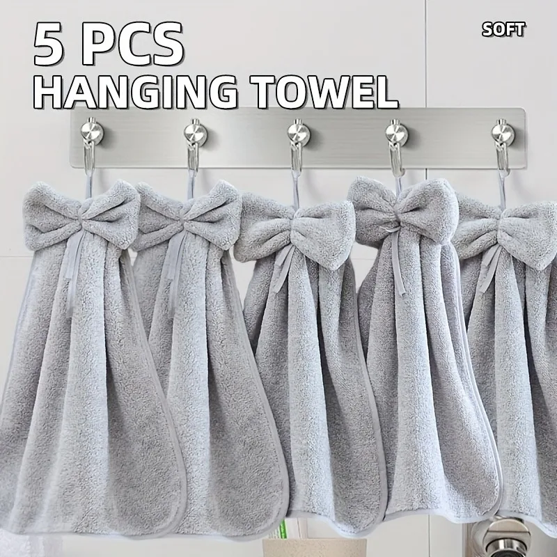 5pcs Coral Fleece Hand Towel Cute Bow Hanging Towel Water Absorbent Kitchen Cleaning Cloth
