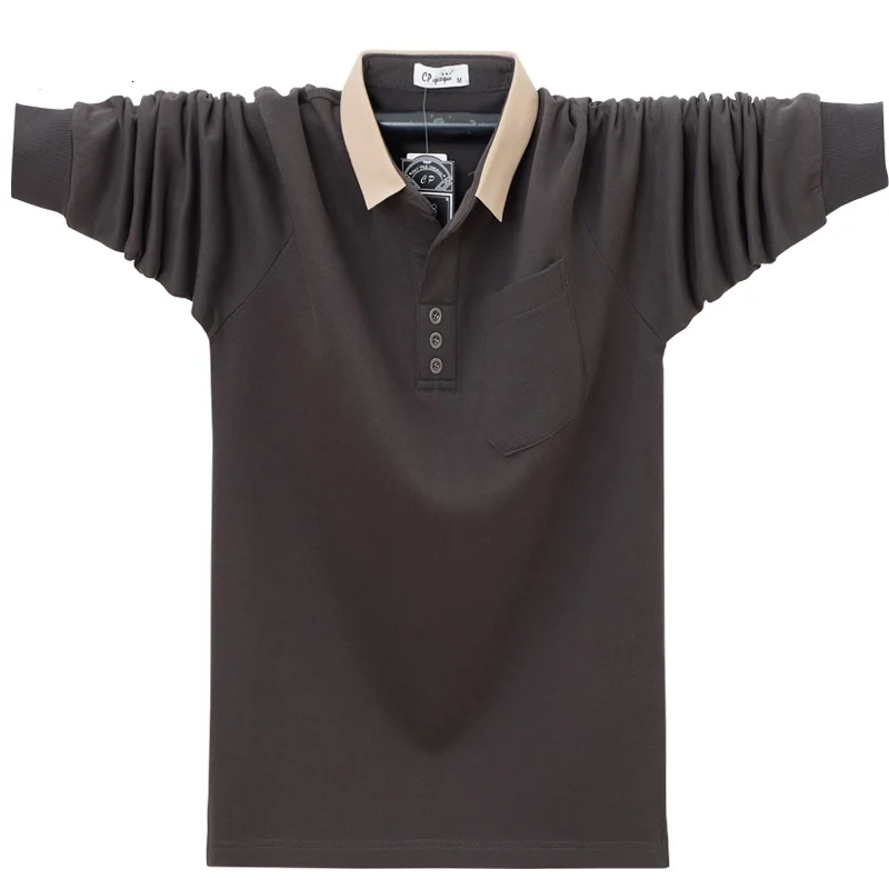New AutumnMen\'s Pure Cotton Polo Shirt Long Sleeve Business Work Shirts Pocket Soild Color Casual Plus-Size for Male Tops 6XL