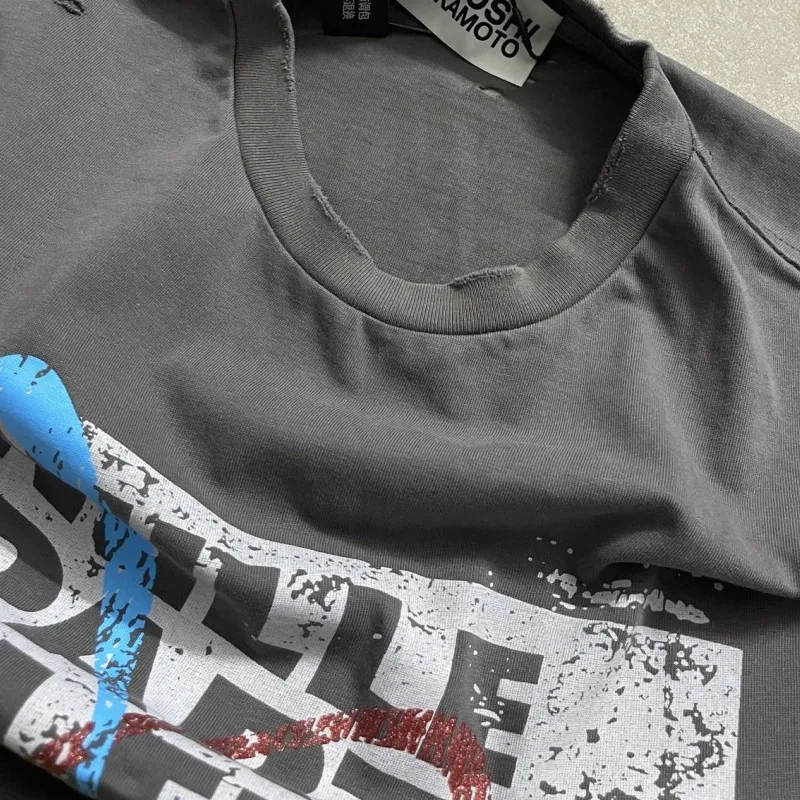 Vinatge Washed Distressed Hole SATOSHI Tshirt Crack Fading Print Short Sleeve Hiphop Streetwear Cotton Round Neck Tops Men Women