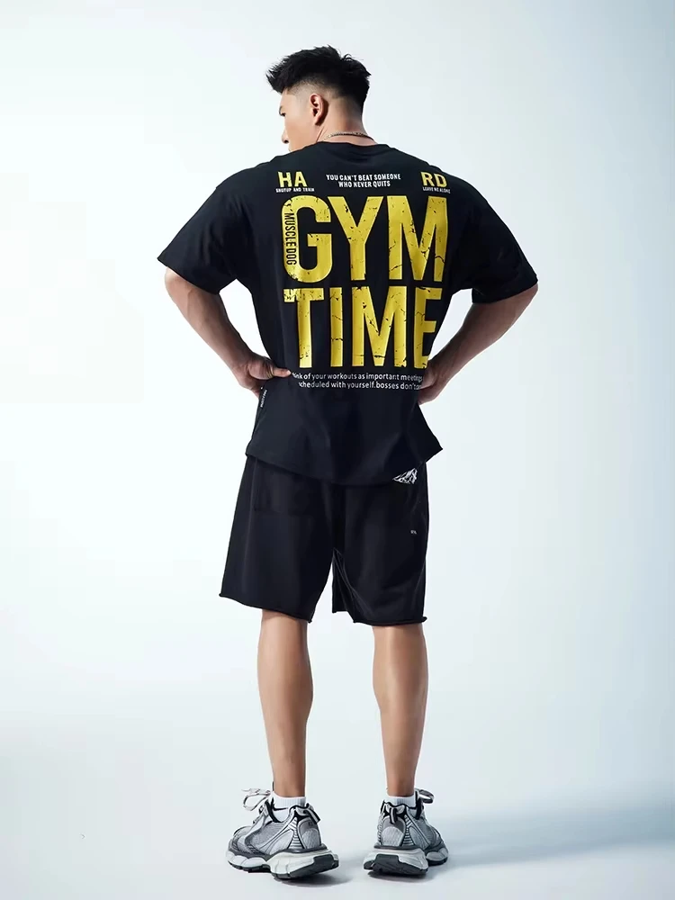 Muscle Dog Fitness Short Sleeve Men\'s Trend Summer American Print Loose Training Wear Athleisure Short Sleeve T-Shirt Harajuku