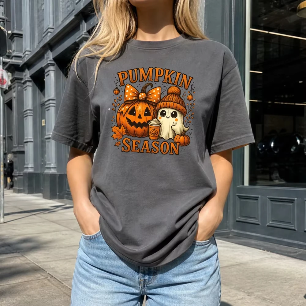 Pumpkin Season Women T Shirt Ghost Knit Hat Pumpkin Bow Coffee Cup Halloween Autumn Attractive Casual Men's Short Sleeve Tops