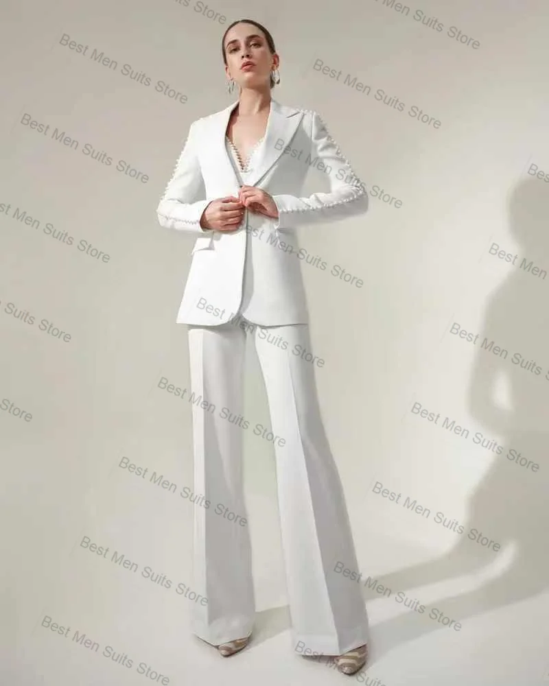 

Luxury Pearls White Women Suit Set 2 Pcs Blazer+Pants Trousers Formal Office Jacket Customized Wedding Tuxedos Cotton Prom Coat