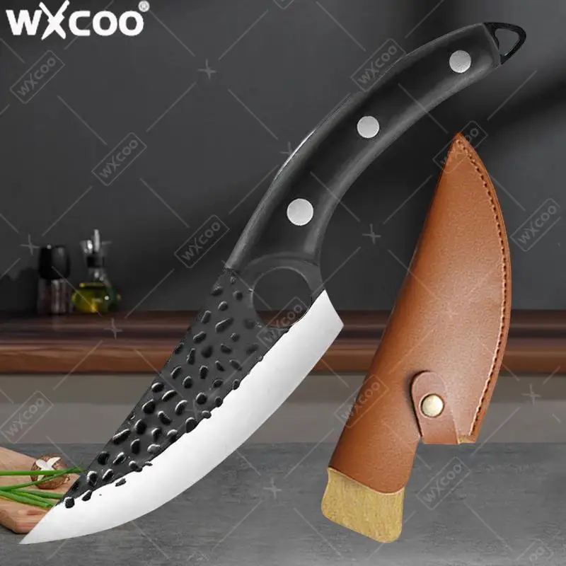 WXCOO Kochmesser mit Holzgriff aus Edelstahl, handgeschmiedetes Utility-Messer, Küchen-Ausbeinmesser, Fleischbeil, Obstmesser