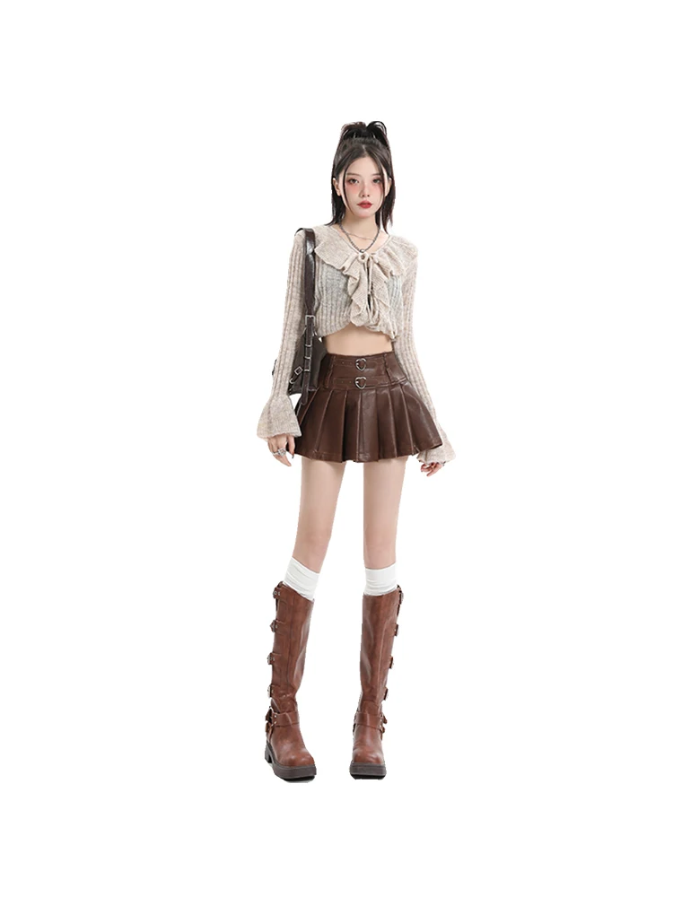 Women\'s Coffee Leather Pleated Skirt Harajuku Y2k 2000s Vintage Mini Skirt 90s Aesthetic Streetwear Fashion A-Line Skirt Clothes