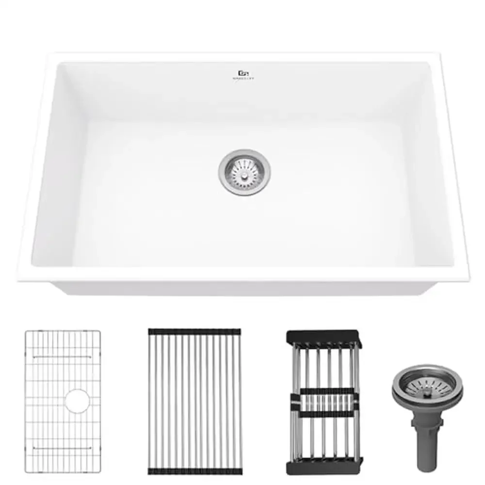 30 Inch White Undermount Quartz Kitchen Sink Deep Single Bowl Drain Strainer Modern Design Granite Composite Sink Integrated