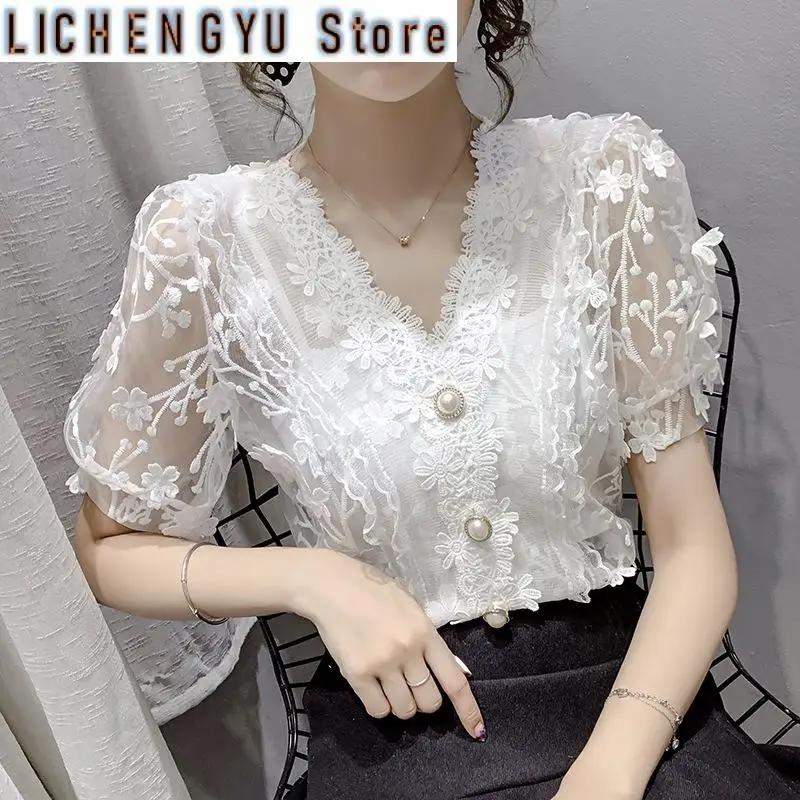 

New Lace Tops Pearls V-neck Chiffon Short Sleeve Shirt flower Blouse Printed Floral Transparent Women Sexy Crop Top Blouses